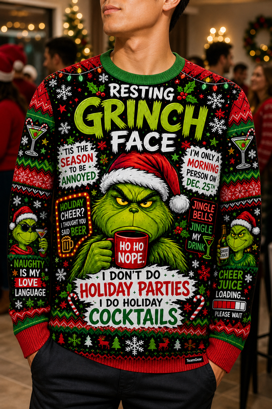 Resting Grinch Face Ugly Christmas Sweater — custom christmas team apparel worn on model — TeamGear Canada