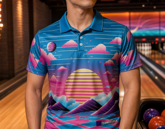 Retro Sunset Beer League Bowling Jersey — custom bowling jersey worn on model — TeamGear Canada