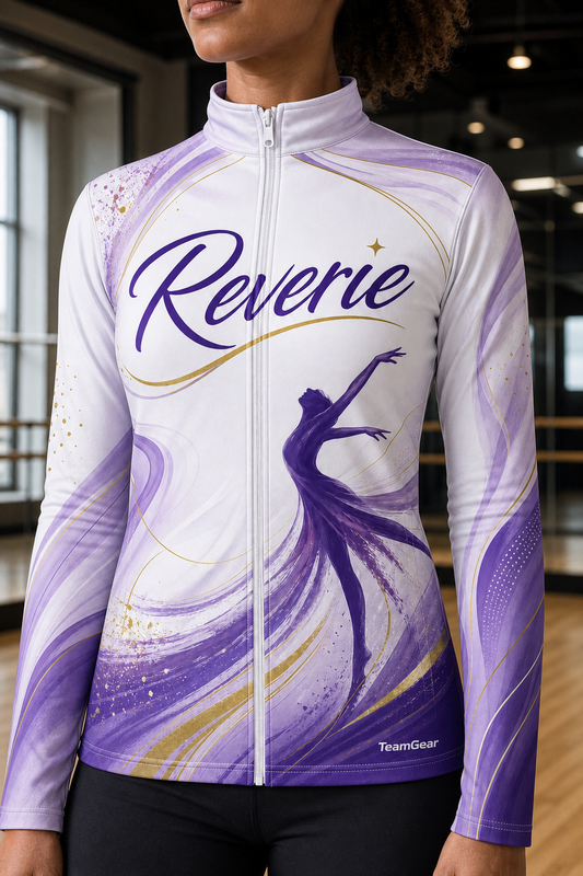 Reverie White Dance Jacket — custom dance jacket worn on model — TeamGear Canada