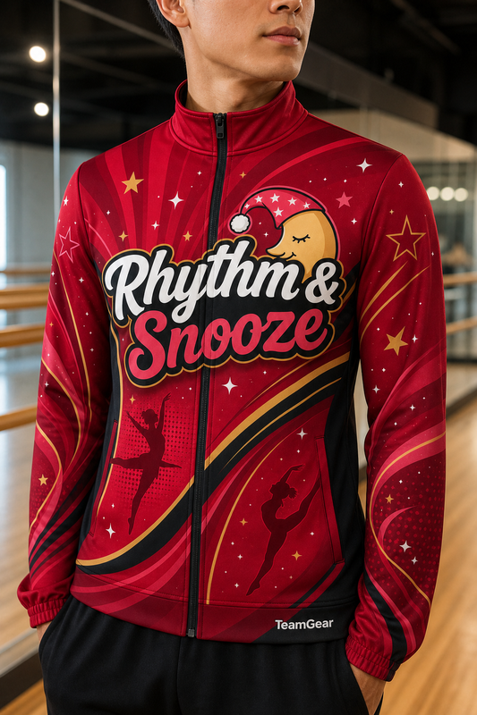 Rhythm & Snooze Crimson Dance Jacket — custom dance jacket worn on model — TeamGear Canada