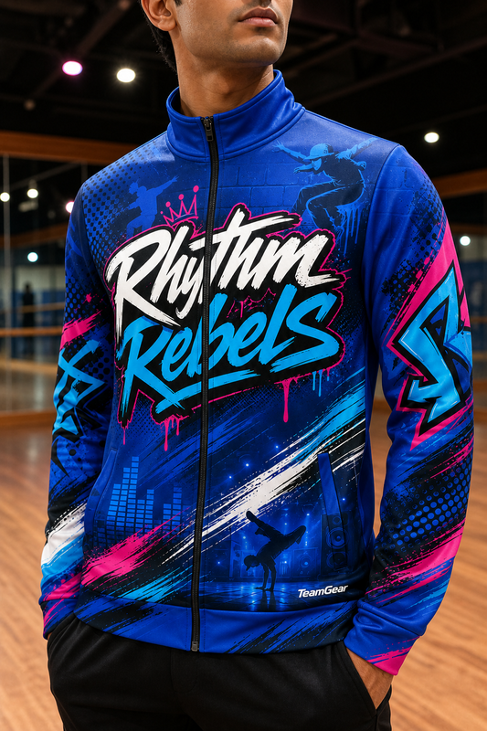 Rhythm Rebels Blue Dance Jacket — custom dance jacket worn on model — TeamGear Canada