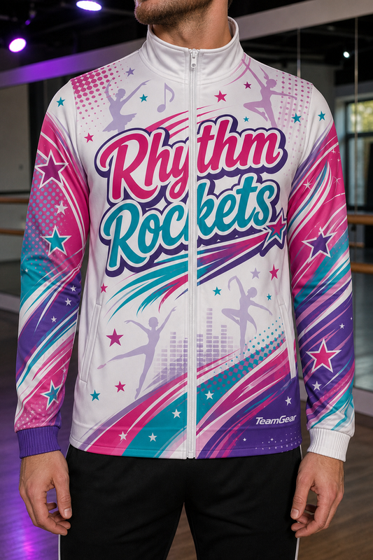 Rhythm Rockets White Dance Jacket — custom dance jacket worn on model — TeamGear Canada