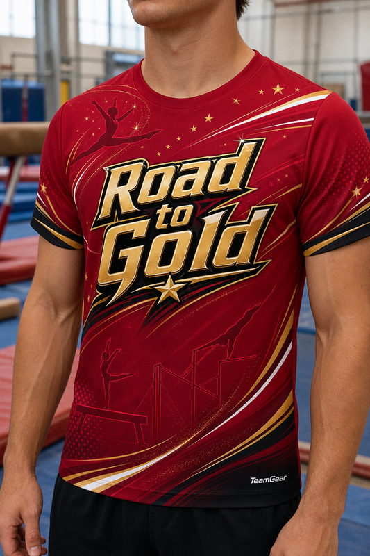 Road to Gold Crimson Gymnastics Jersey — custom gymnastics jersey worn on model — TeamGear Canada