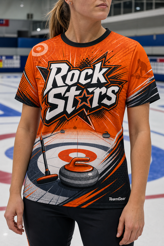 Rock Stars Orange Curling Jersey — custom curling jersey worn on model — TeamGear Canada
