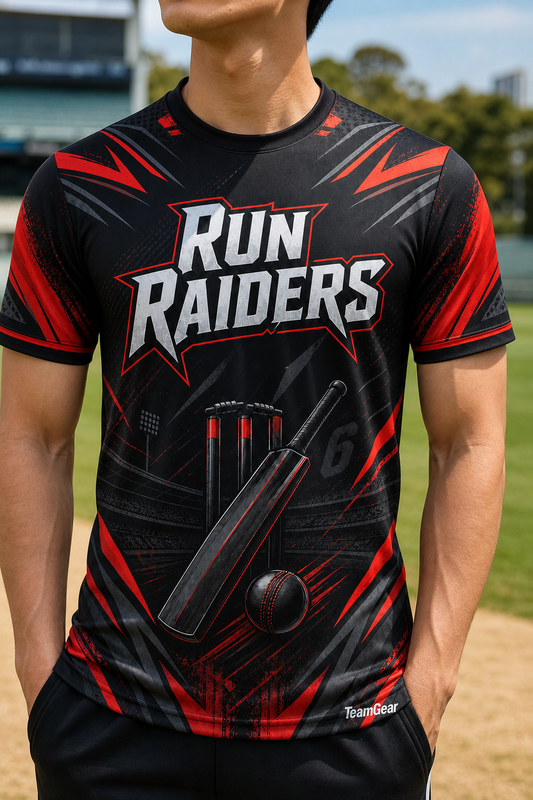 Run Raiders Black Cricket Jersey — custom cricket jersey worn on model — TeamGear Canada