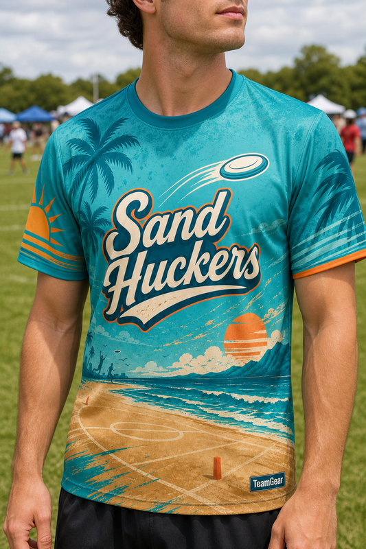 Sand Huckers Teal Ultimate Frisbee Jersey — custom ultimate frisbee jersey worn on model — TeamGear Canada