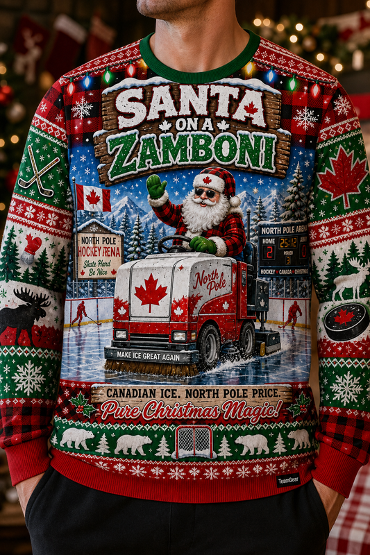 Santa on a Zamboni Ugly Christmas Sweater — custom christmas team apparel worn on model — TeamGear Canada