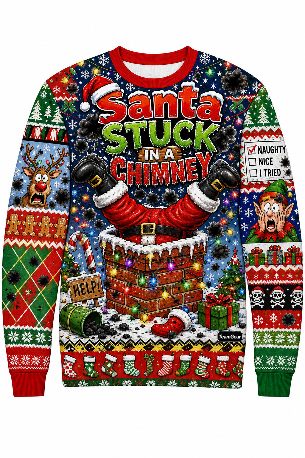 Santa Stuck in a Chimney Ugly Christmas Sweater design