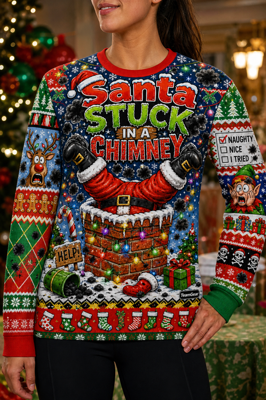 Santa Stuck in a Chimney Ugly Christmas Sweater — custom christmas team apparel worn on model — TeamGear Canada