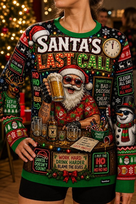 Santa's Last Call Ugly Christmas Sweater — custom christmas team apparel worn on model — TeamGear Canada