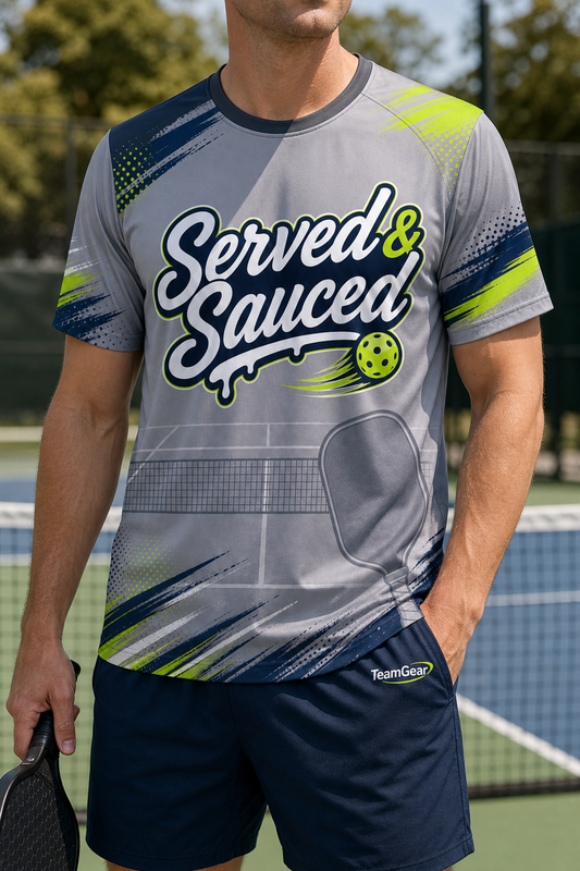 Served & Sauced Grey Pickleball Jersey — custom pickleball jersey worn on model — TeamGear Canada