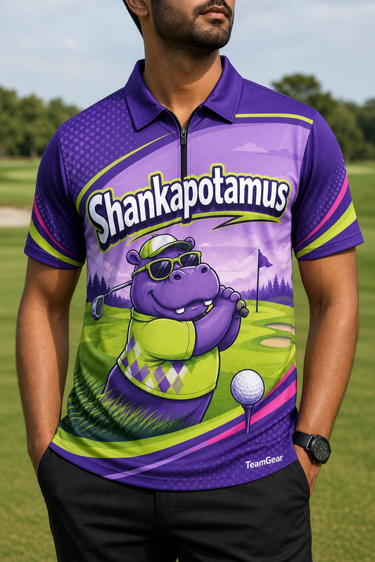 Shankapotamus Purple Golf Polo — custom golf team apparel worn on model — TeamGear Canada
