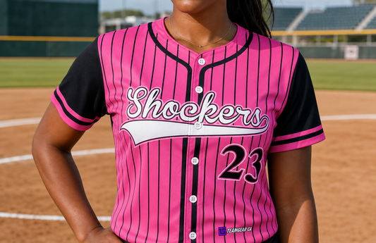 Shockers Pink Pinstripe Baseball Jersey Full Button — custom baseball jersey worn on model — TeamGear Canada