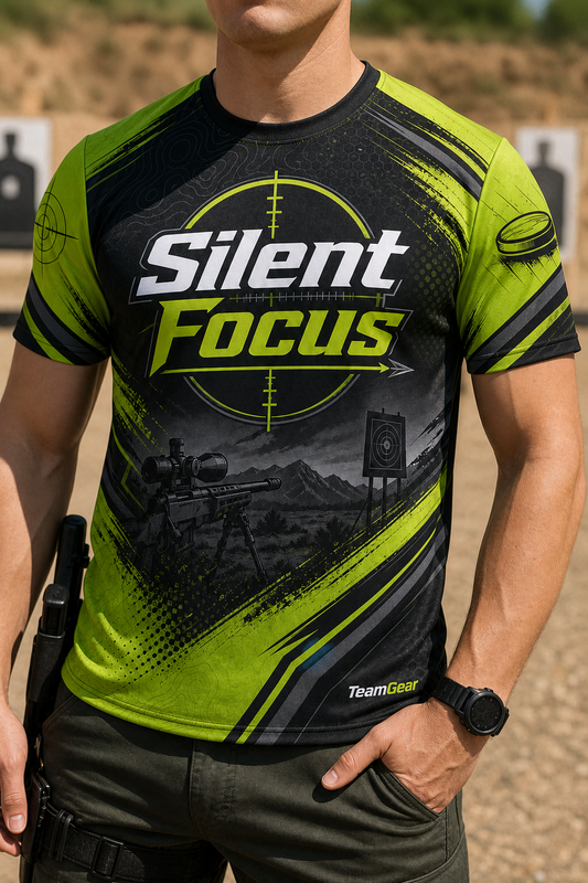 Silent Focus Lime Shooting Jersey — custom shooting jersey worn on model — TeamGear Canada