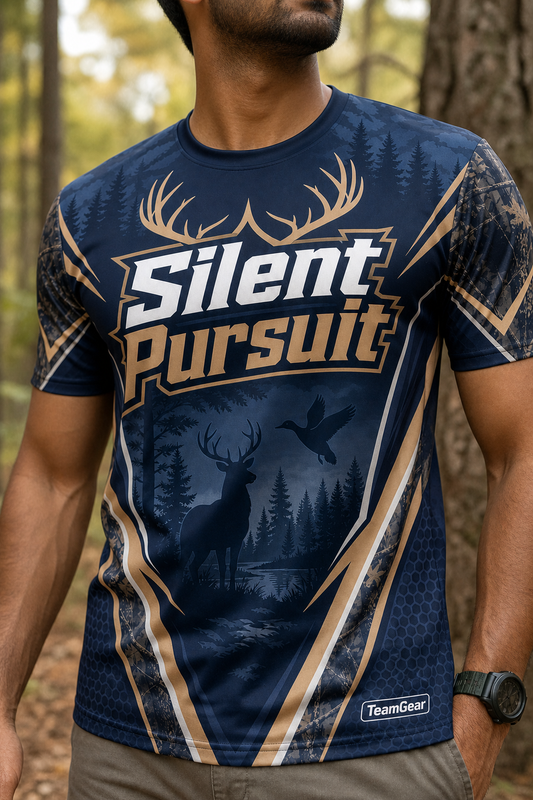Silent Pursuit Navy Hunting Jersey — custom hunting jersey worn on model — TeamGear Canada
