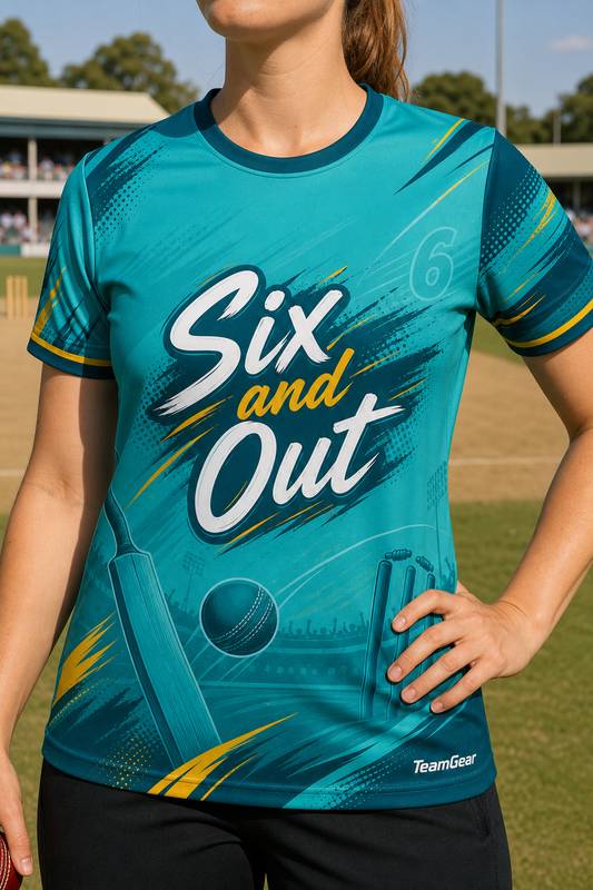 Six and Out Teal Cricket Jersey — custom cricket jersey worn on model — TeamGear Canada