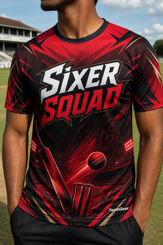 Sixer Squad Red Cricket Jersey — custom cricket jersey worn on model — TeamGear Canada