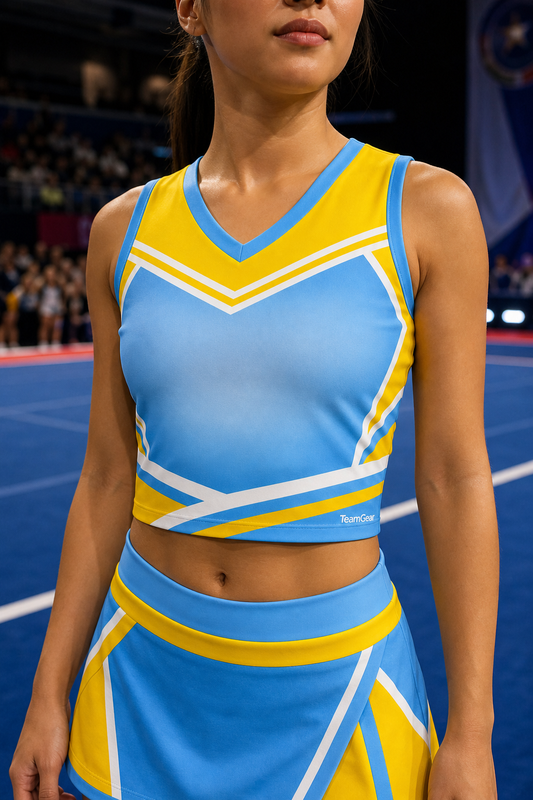Sky Blue and Yellow Cheerleading Uniform — custom cheerleading team apparel worn on model — TeamGear Canada