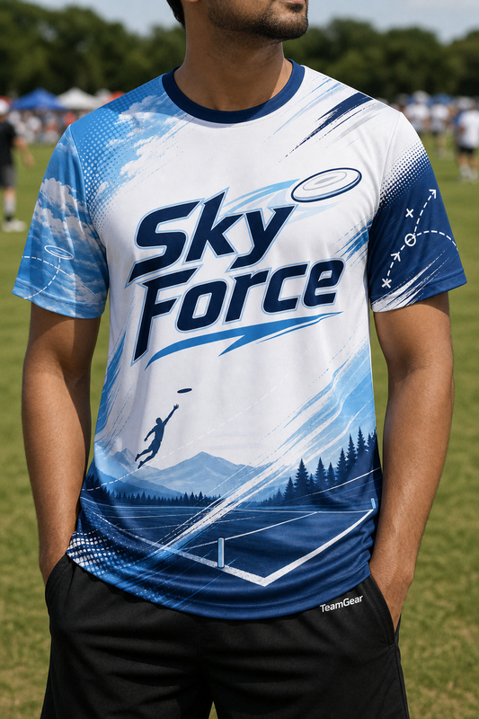 Sky Force White Ultimate Frisbee Jersey — custom ultimate frisbee jersey worn on model — TeamGear Canada