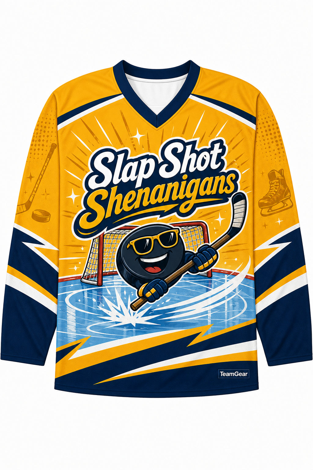 Slap Shot Shenanigans Gold Hockey Jersey design