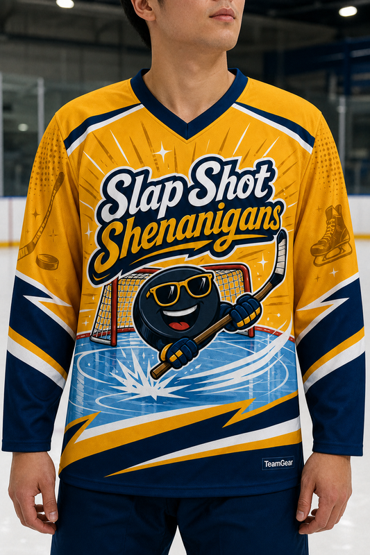 Slap Shot Shenanigans Gold Hockey Jersey — custom hockey jersey worn on model — TeamGear Canada