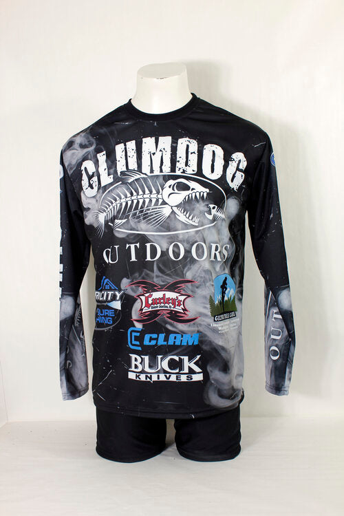 custom fishing long sleeve crew neck full sublimation jersey made in Canada, zip neck, and button neck also available