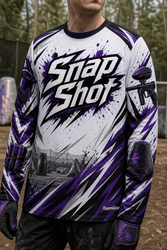 Snap Shot White Long Sleeve Paintball Jersey — custom paintball jersey worn on model — TeamGear Canada