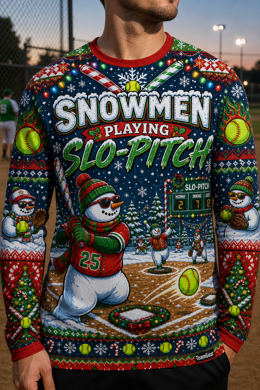 Snowmen Playing Slo-Pitch Ugly Christmas Sweater — custom slopitch team apparel worn on model — TeamGear Canada