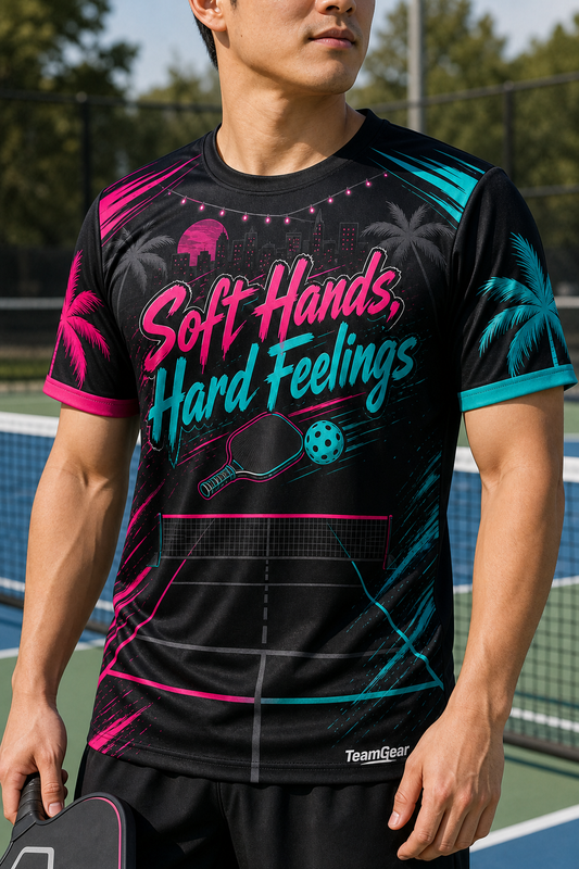 Soft Hands, Hard Feelings Black Pickleball Jersey — custom pickleball jersey worn on model — TeamGear Canada