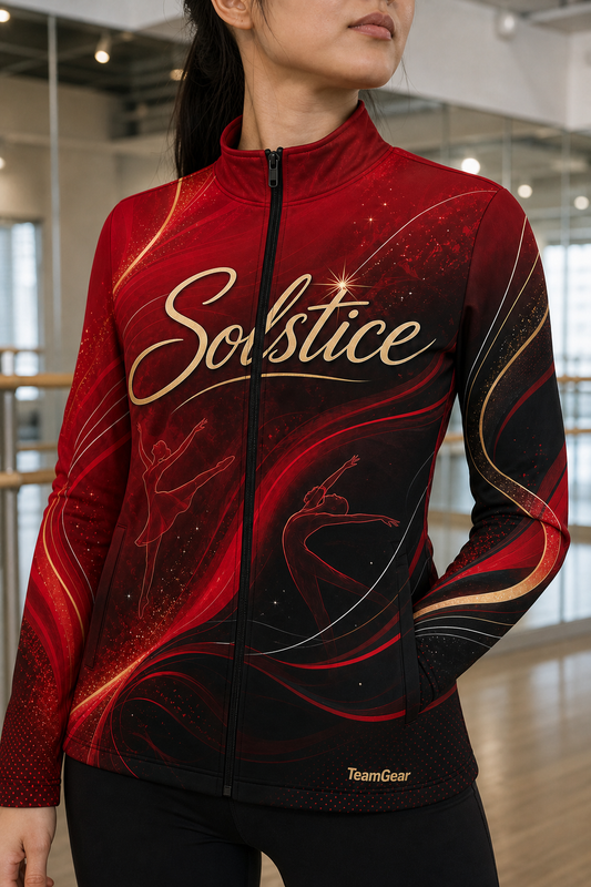 Solstice Red Dance Jacket — custom dance jacket worn on model — TeamGear Canada