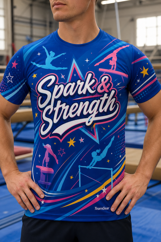 Spark & Strength Blue Gymnastics Jersey — custom gymnastics jersey worn on model — TeamGear Canada