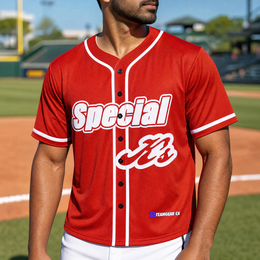 Special K's Red Baseball Jersey Full Button — custom baseball jersey worn on model — TeamGear Canada