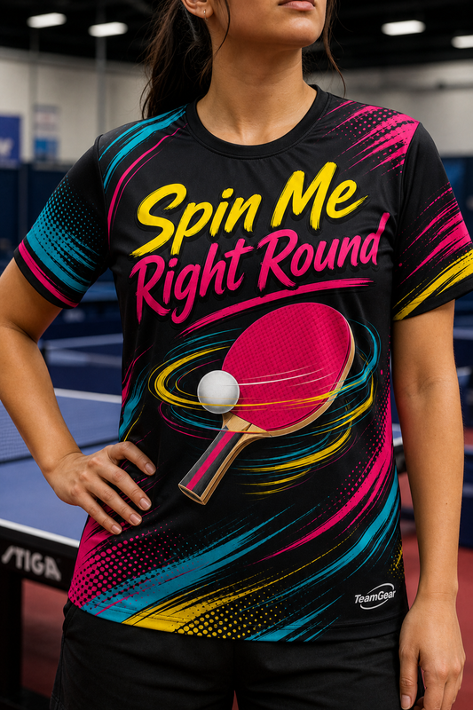 Spin Me Right Round Black Table Tennis Jersey — custom table tennis jersey worn on model — TeamGear Canada