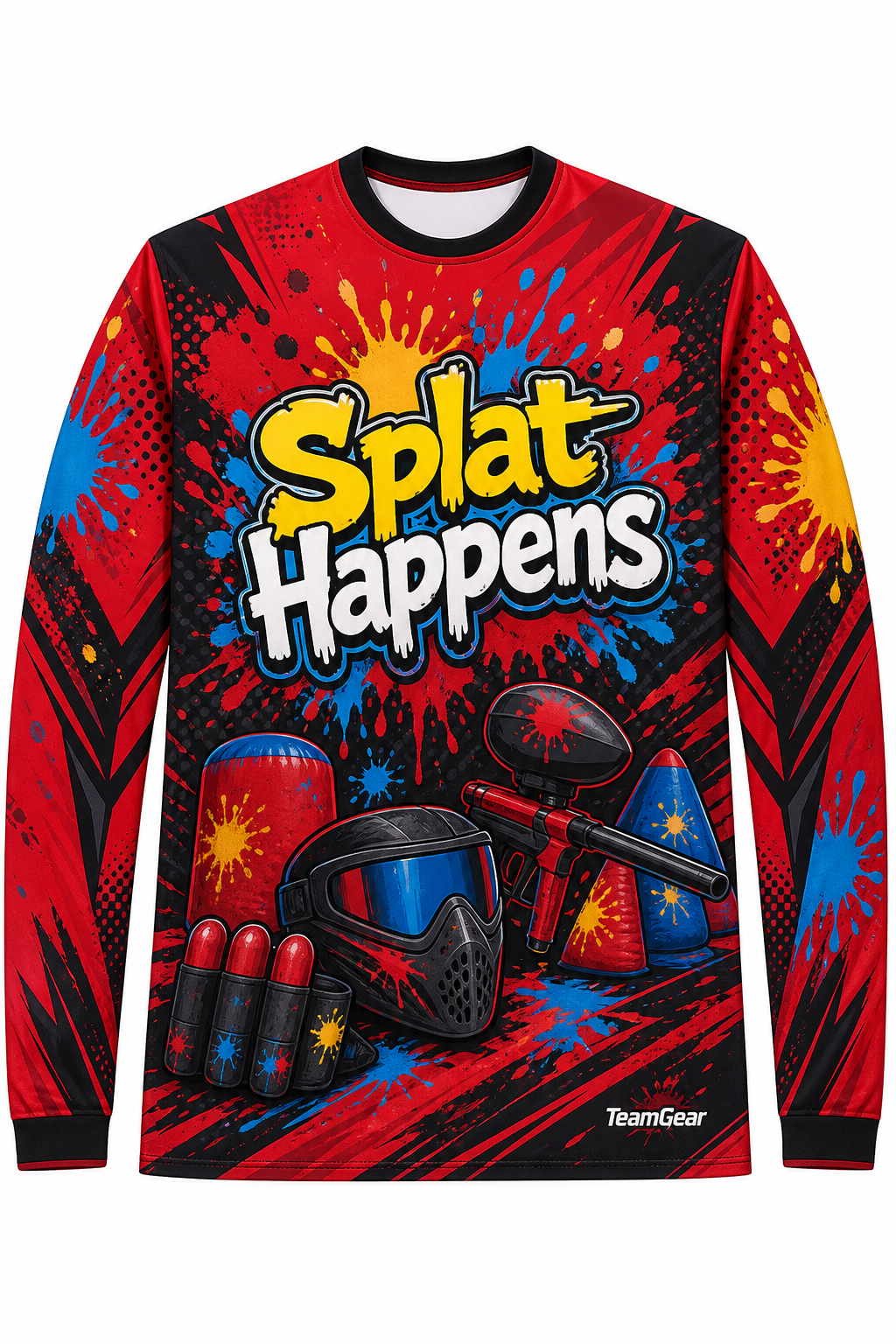 Splat Happens Red Long Sleeve Paintball Jersey design