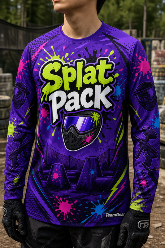 Splat Pack Purple Long Sleeve Paintball Jersey — custom paintball jersey worn on model — TeamGear Canada