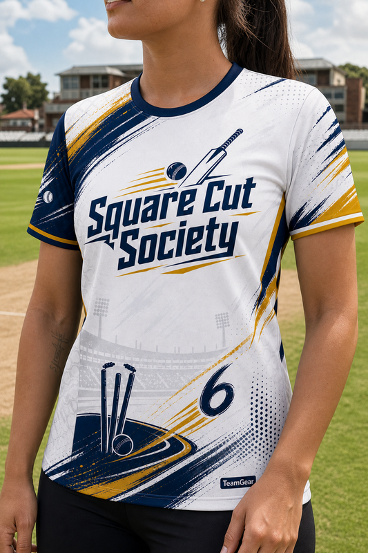 Square Cut Society White Cricket Jersey — custom cricket jersey worn on model — TeamGear Canada