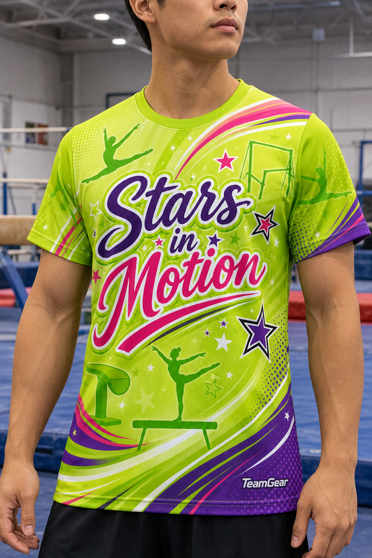 Stars in Motion Lime Gymnastics Jersey — custom gymnastics jersey worn on model — TeamGear Canada