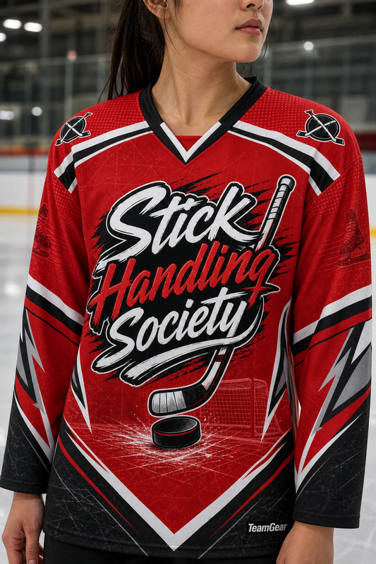 Stick Handling Society Red Hockey Jersey — custom hockey jersey worn on model — TeamGear Canada