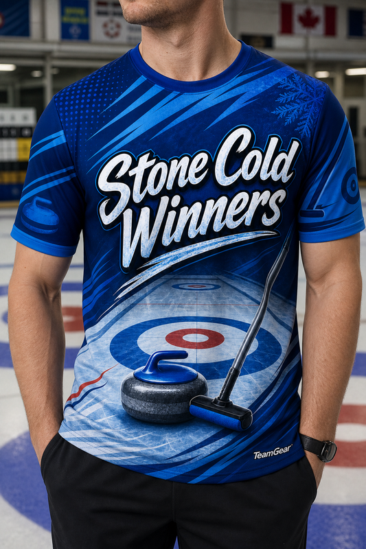 Stone Cold Winners Blue Curling Jersey — custom curling jersey worn on model — TeamGear Canada