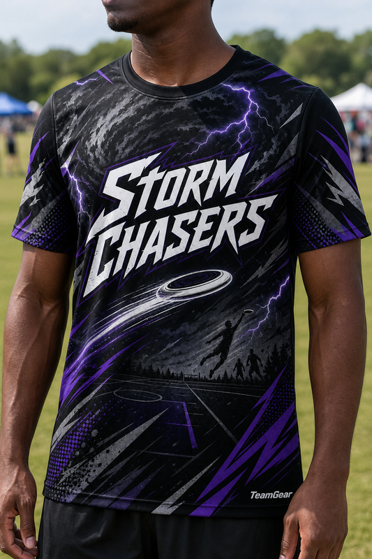 Storm Chasers Black Ultimate Frisbee Jersey — custom ultimate frisbee jersey worn on model — TeamGear Canada