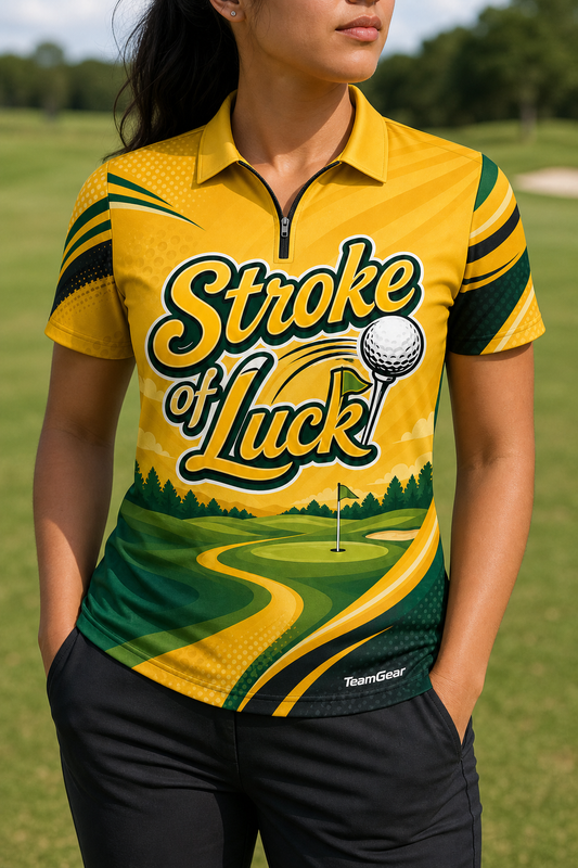 Stroke of Luck Gold Golf Polo — custom golf team apparel worn on model — TeamGear Canada
