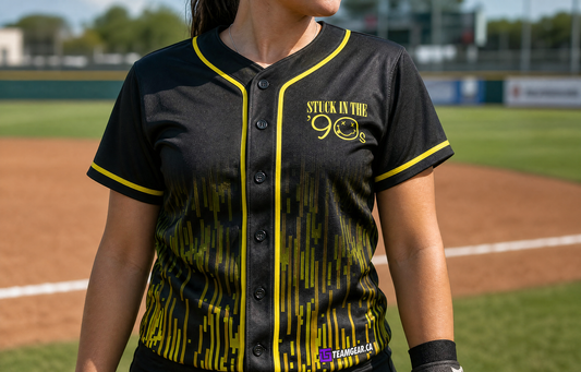 Stuck in the 90's Baseball Jersey Full Button — custom baseball jersey worn on model — TeamGear Canada