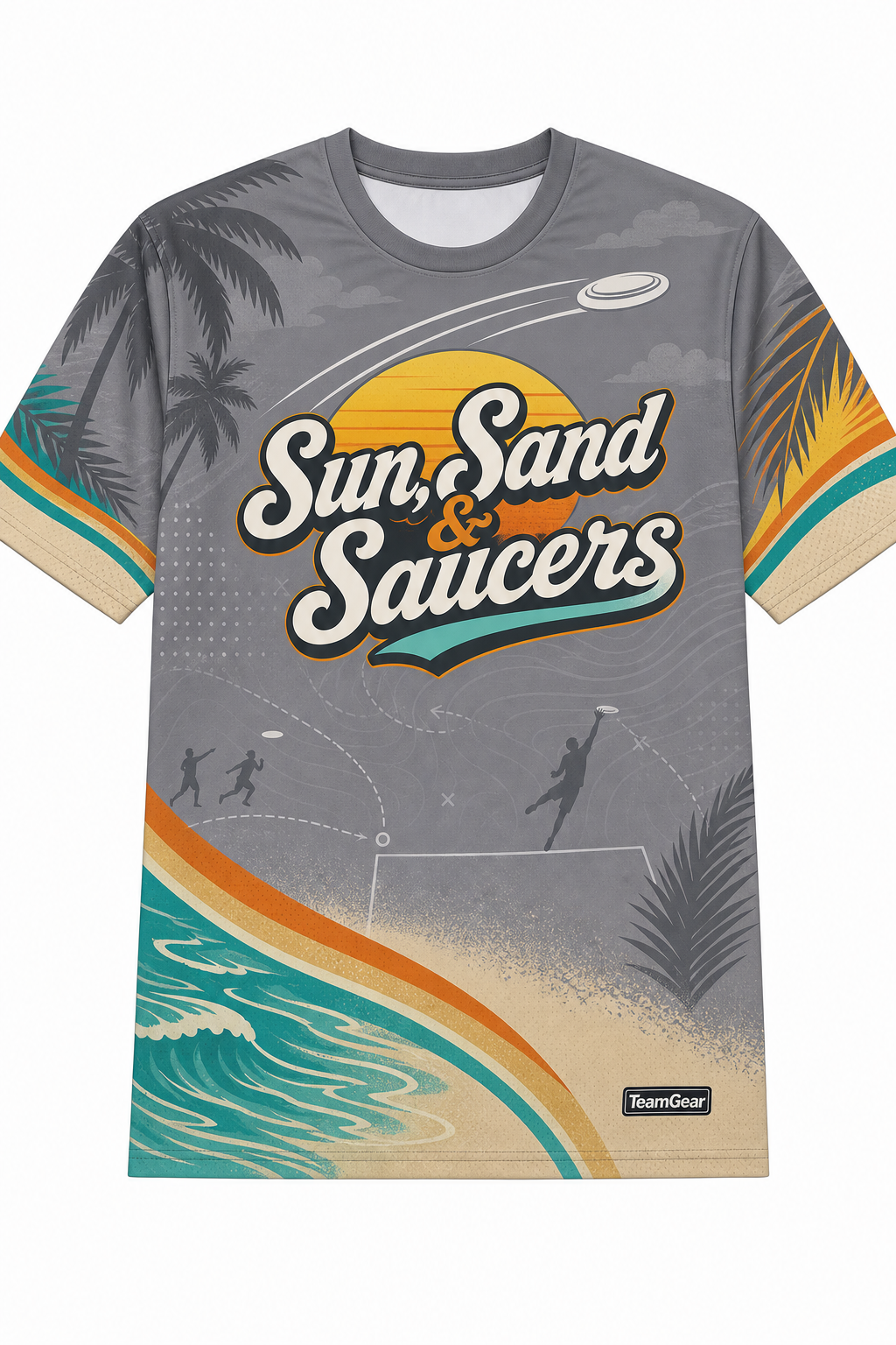Sun, Sand & Saucers Grey Ultimate Frisbee Jersey design