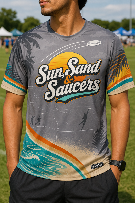 Sun, Sand & Saucers Grey Ultimate Frisbee Jersey — custom ultimate frisbee jersey worn on model — TeamGear Canada