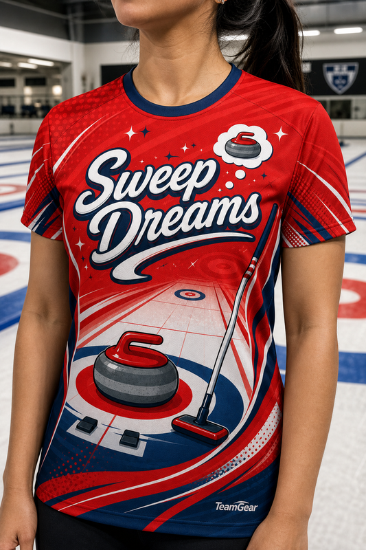 Sweep Dreams Red Curling Jersey — custom curling jersey worn on model — TeamGear Canada