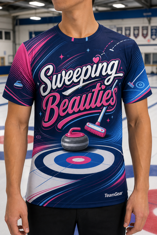 Sweeping Beauties Navy Curling Jersey — custom curling jersey worn on model — TeamGear Canada