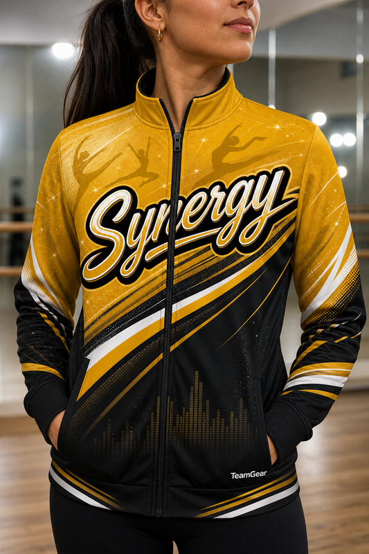 Synergy Gold Dance Jacket — custom dance jacket worn on model — TeamGear Canada