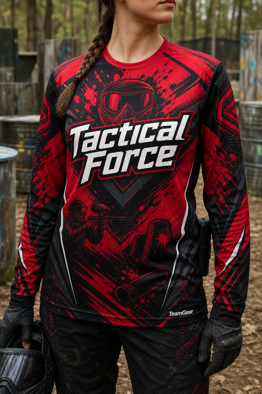 Tactical Force Crimson Long Sleeve Paintball Jersey — custom paintball jersey worn on model — TeamGear Canada