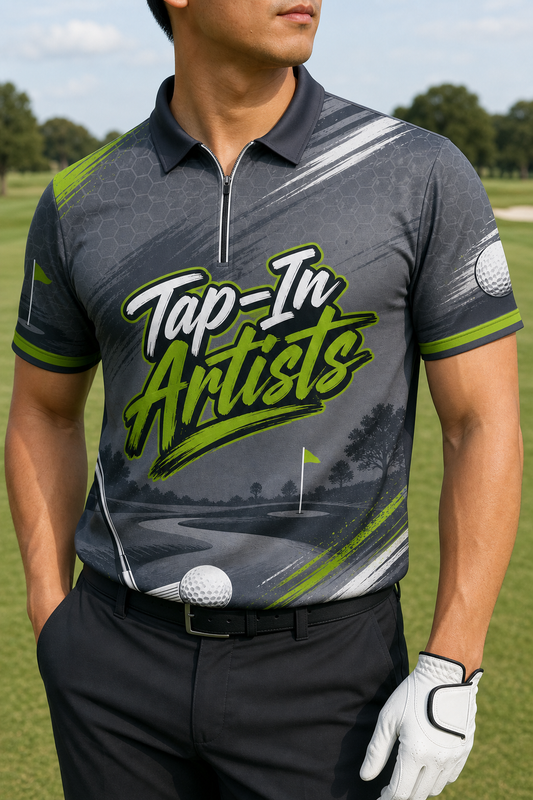 Tap-In Artists Grey Golf Polo — custom golf team apparel worn on model — TeamGear Canada