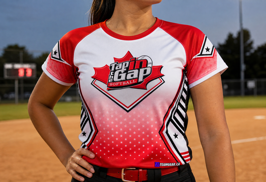 Tap in the Gap Red Softball Jersey — custom softball jersey worn on model — TeamGear Canada